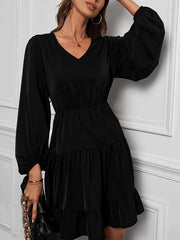 Lantern Sleeve V Neck Smock Dress