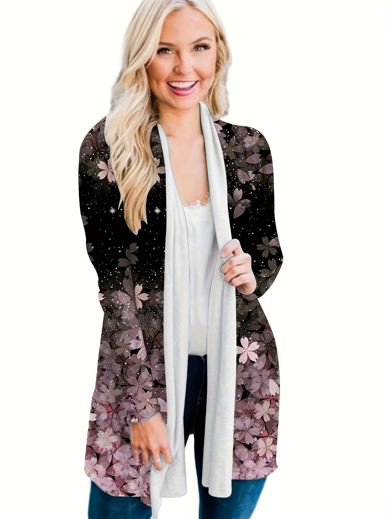 Floral Print Long Sleeve Open Front Cardigan