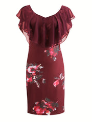Floral Print Ruffle Trim Dress Short Sleeve Scoop Neck Bodycon Mini Dress