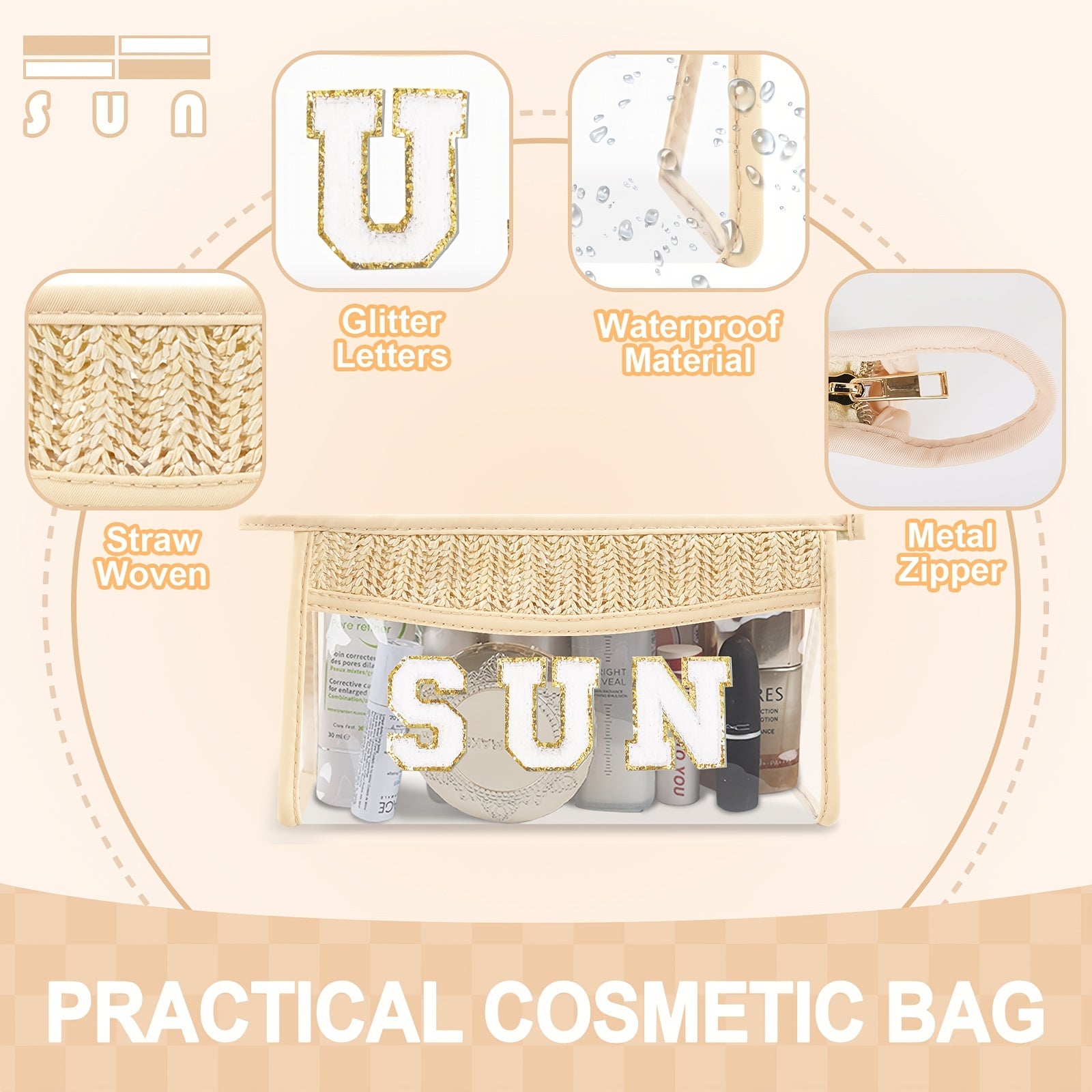 Boho Sun Bag with Clear Patch and Zipper for Makeup, Travel and Cosmetics