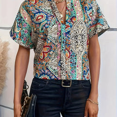 Paisley Print Short Sleeve Boho Blouse