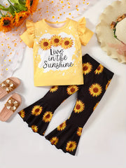 Girls Pink Sunflower Print Ruffles T-Shirt & Flare Leg Pants Set