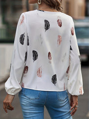 Casual Blouse Feather Print Lantern Sleeve Notched Neck Top