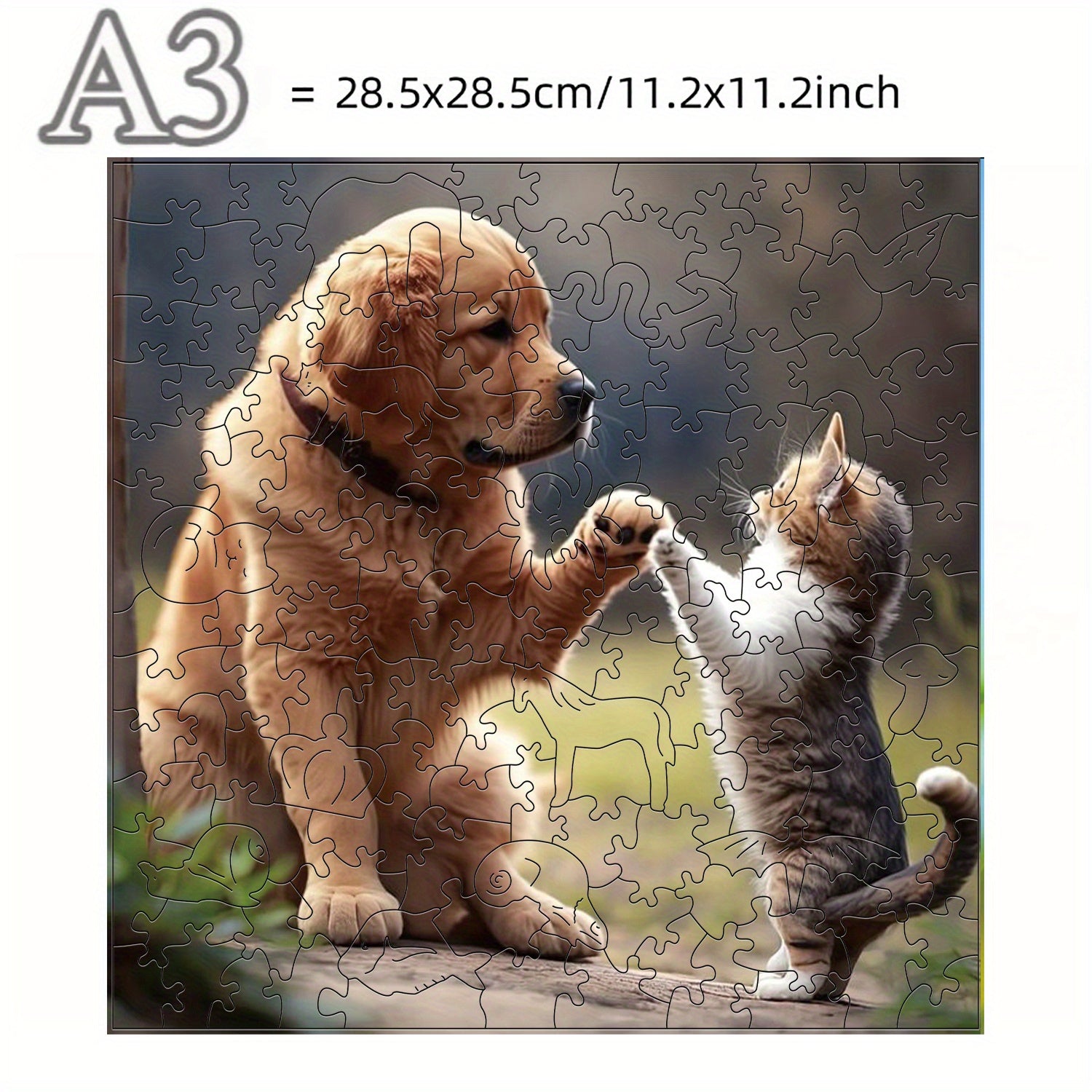 Wooden Puzzle Friendly Dog & Kitten High Five Challenging Plywood Puzzle
