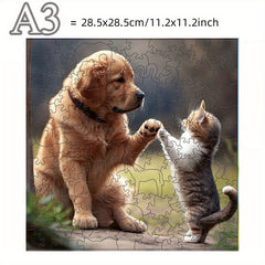 Wooden Puzzle Friendly Dog & Kitten High Five Challenging Plywood Puzzle