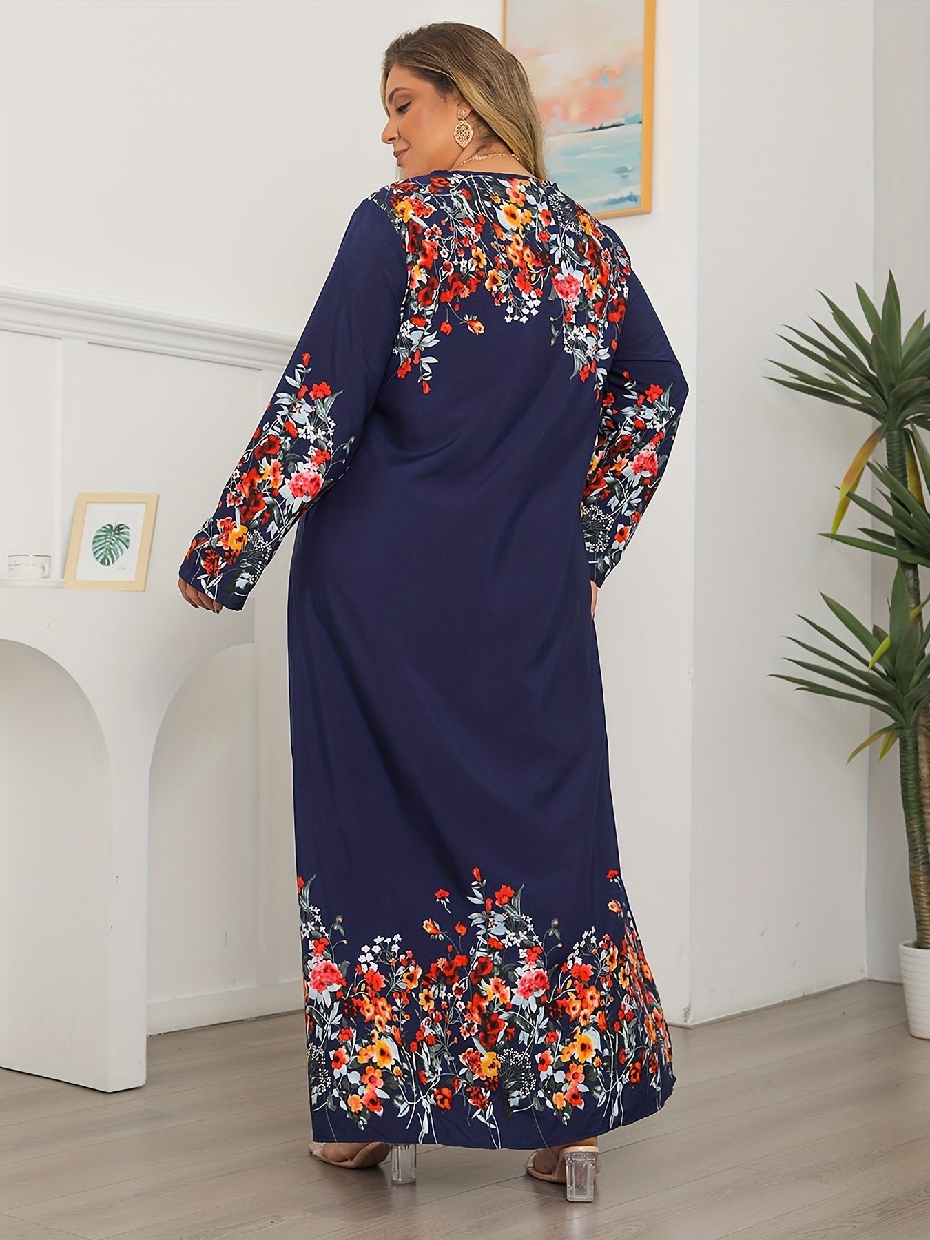 Romantic Abaya Dress Women's Plus Floral Print Long Sleeve
