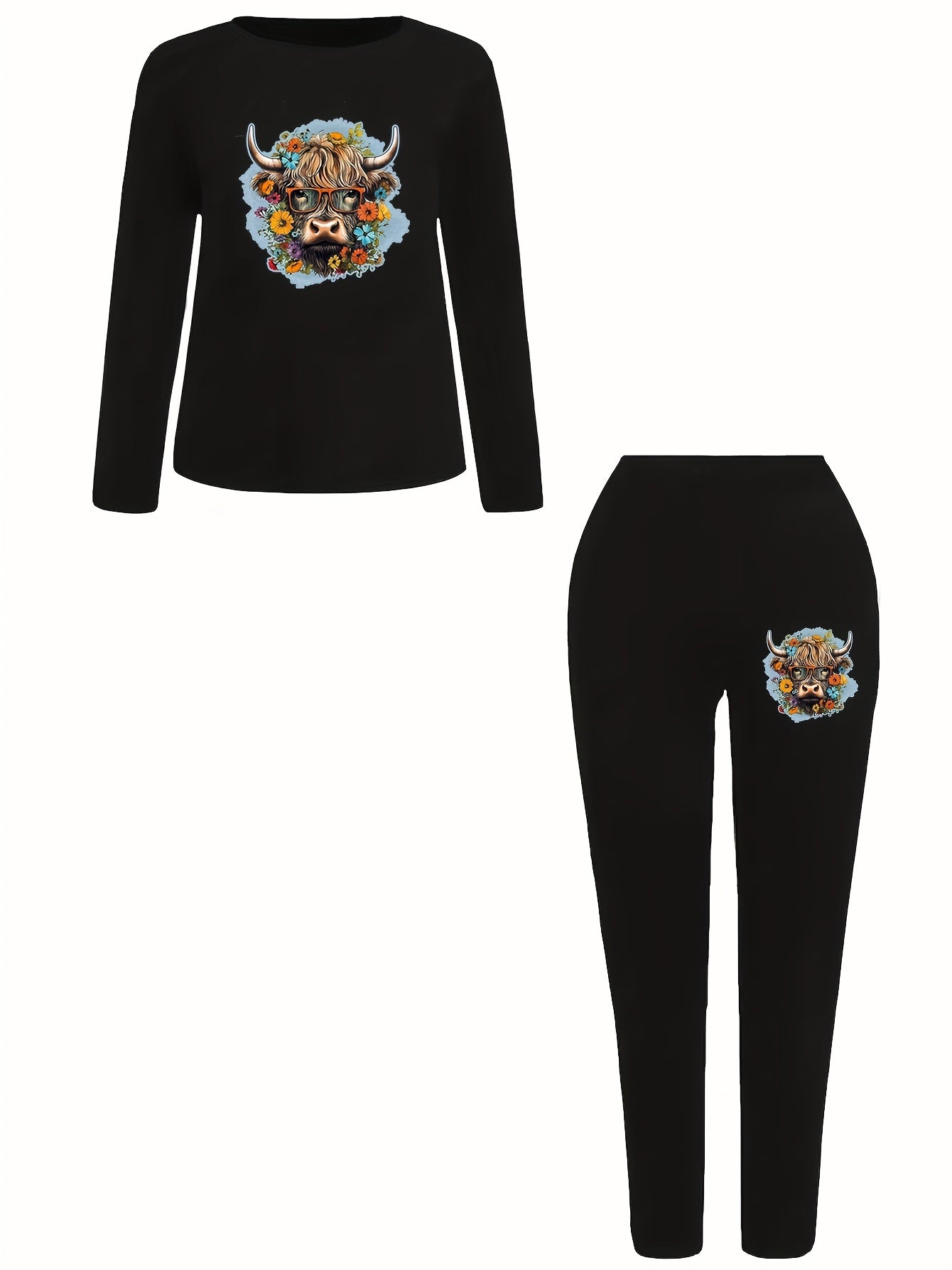 Women's Plus Floral Cow Print Long Sleeve Top & Leggings Set