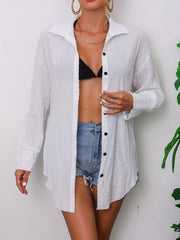 Shirred Single breasted Plain Cover Up Shirts Long Sleeve