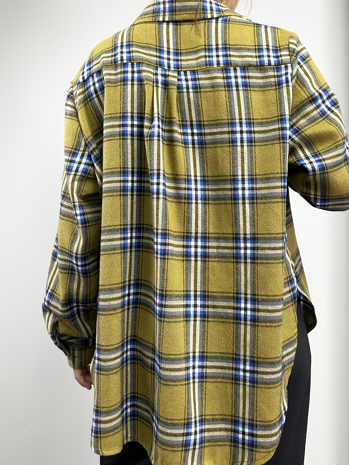 Plaid Print Side Split Long Sleeve Button Up Tunic Shirt Top