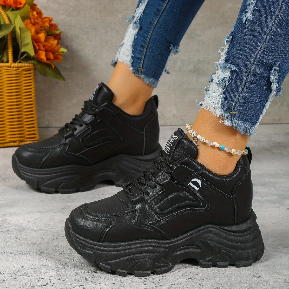 Women's Lace Up Chunky Sneakers Hidden Heel Casual Walking Shoes