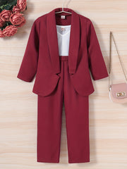 Girls 3pcs Blazer & Camisole & Pants Set Solid Long Sleeve Coat Top Kids Clothes