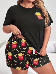 French Fries Print Tee & Bow Front Shorts Pajamas Set