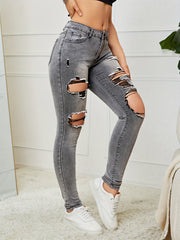 High Waist Distressed Jeans High Strech Solid Street Style Denim Pants