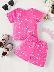 Tie Dye Cartoon Figure Print T shirt & Shorts 2pcs Set for Baby Girls