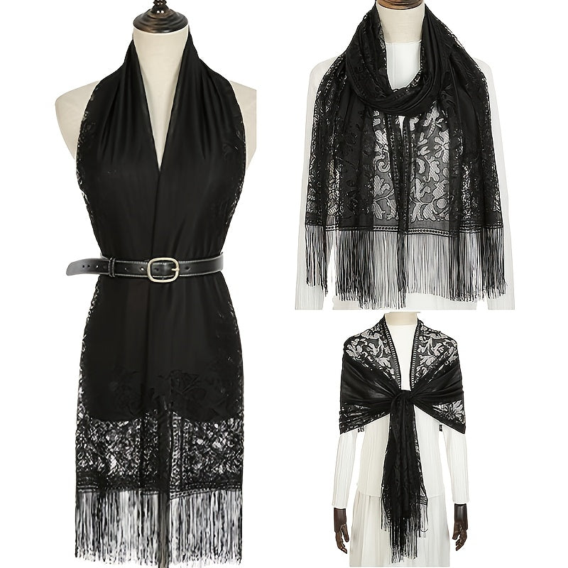 Floral Lace Scarf for Wedding Party Lightweight Shawl Wrap with Fringe