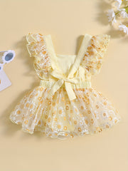 Summer Flower Princess Dress with Mesh Sleeves & Daisy Flower Decor
