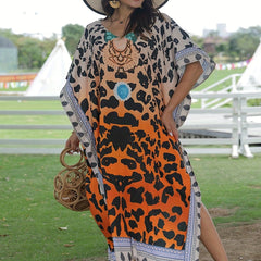 Boho Cover Up V-Neck Geometric Print Batwing Sleeve Split Cover Up