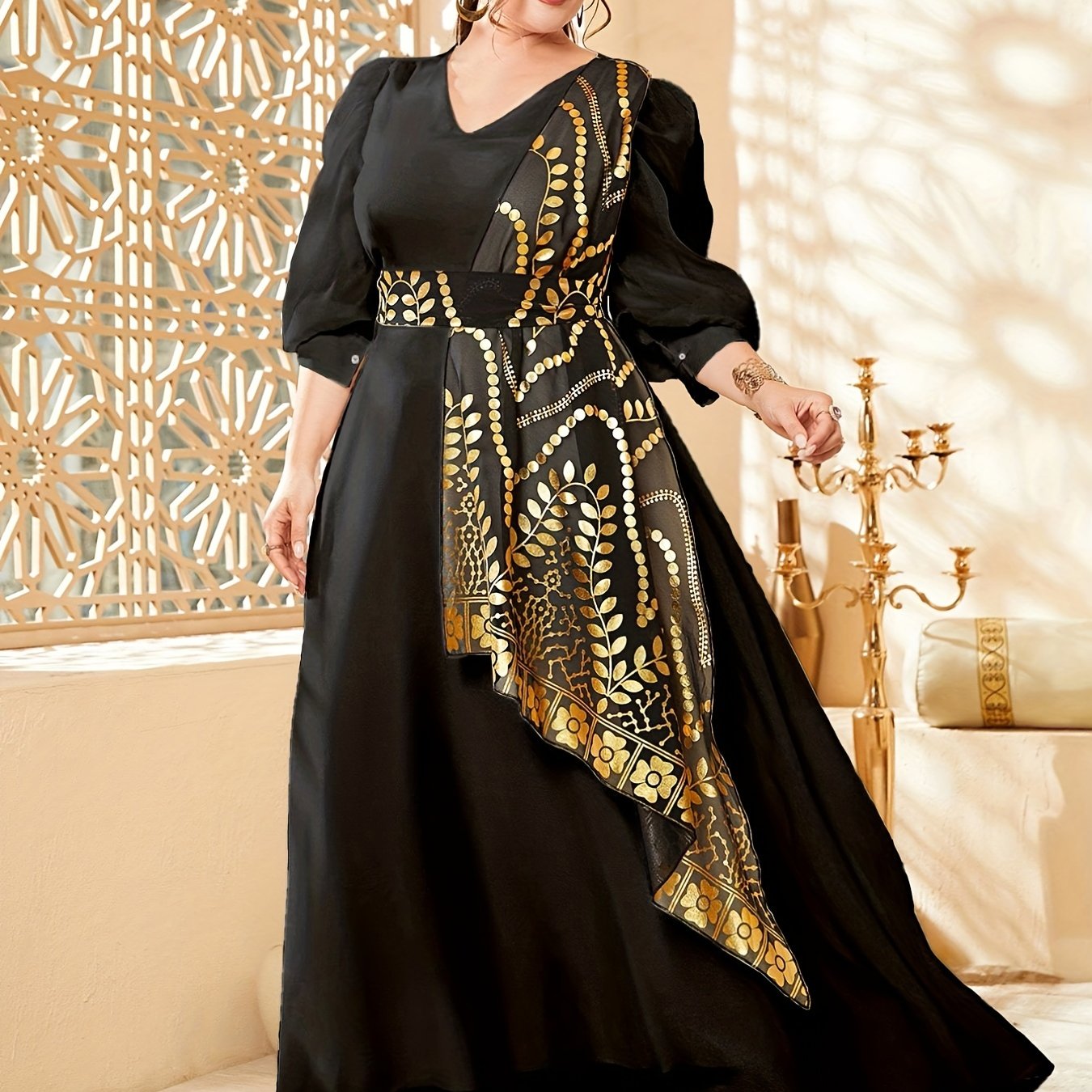 Colorblock Golden Leaf Puff Sleeve V-Neck Maxi Dress