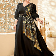 Colorblock Golden Leaf Puff Sleeve V-Neck Maxi Dress