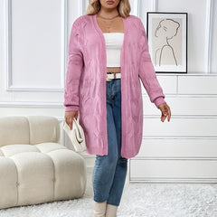 Casual Cardigan Women's Plus Solid Jacquard Long Sleeve Open Front