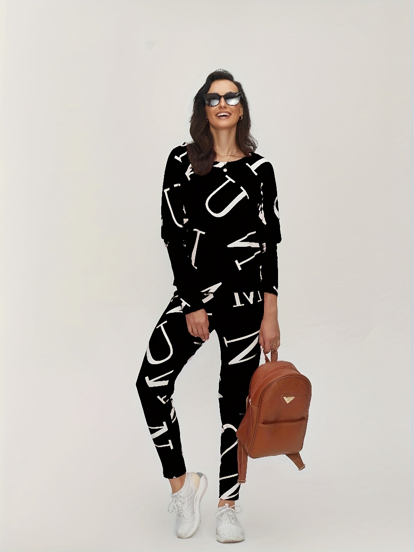 Casual Two Piece Set Long Sleeve Crew Neck Tops & Slim Pants