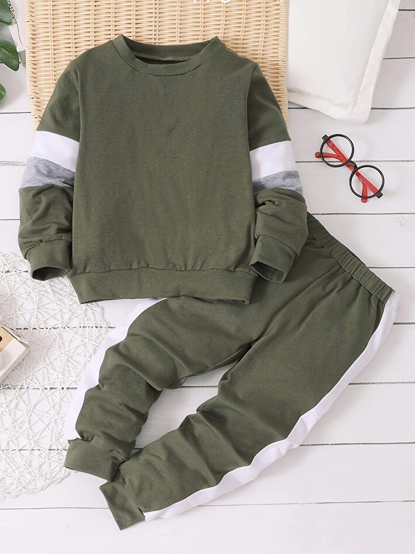 Boy's 2pcs Block Sweatshirt & Sweatpants Set for Spring Fall