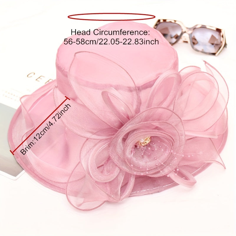 Mesh Flower Organza Sun Hat Wide Brim Derby Hat Solid Breathable Church Hat