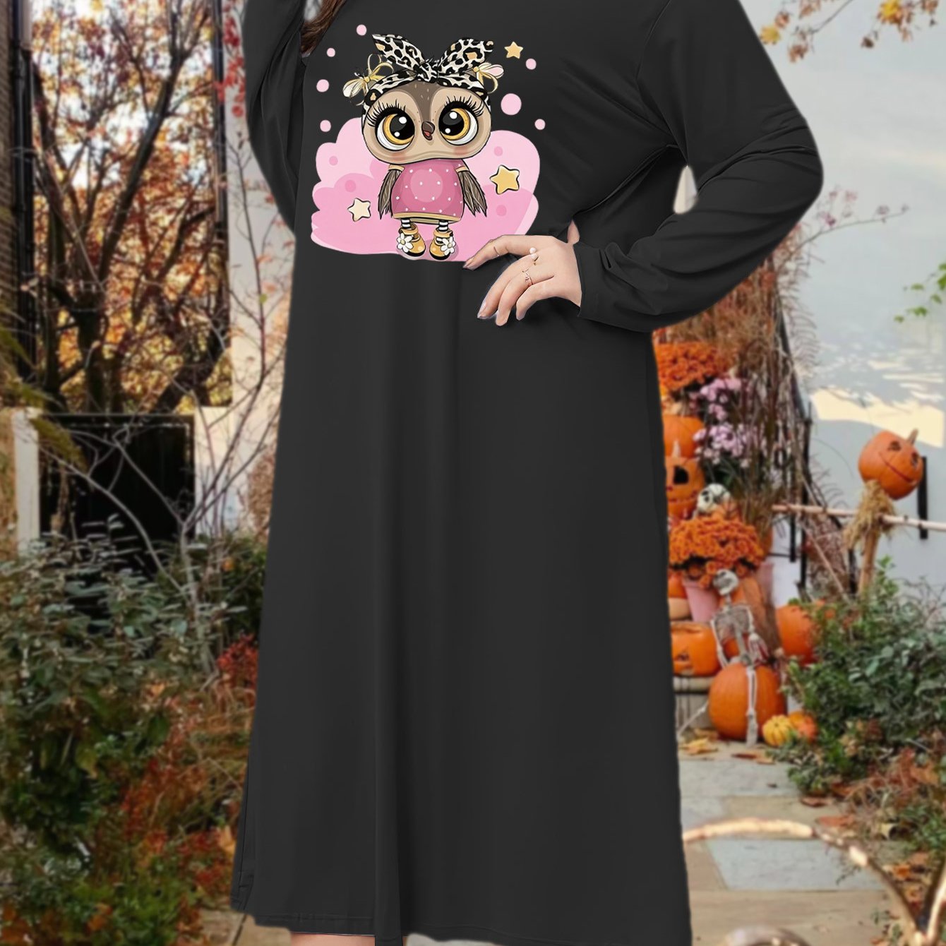 Plus Size Cartoon Owl Print Long Sleeve Lounge Sleep Dress