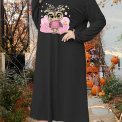 Plus Size Cartoon Owl Print Long Sleeve Lounge Sleep Dress