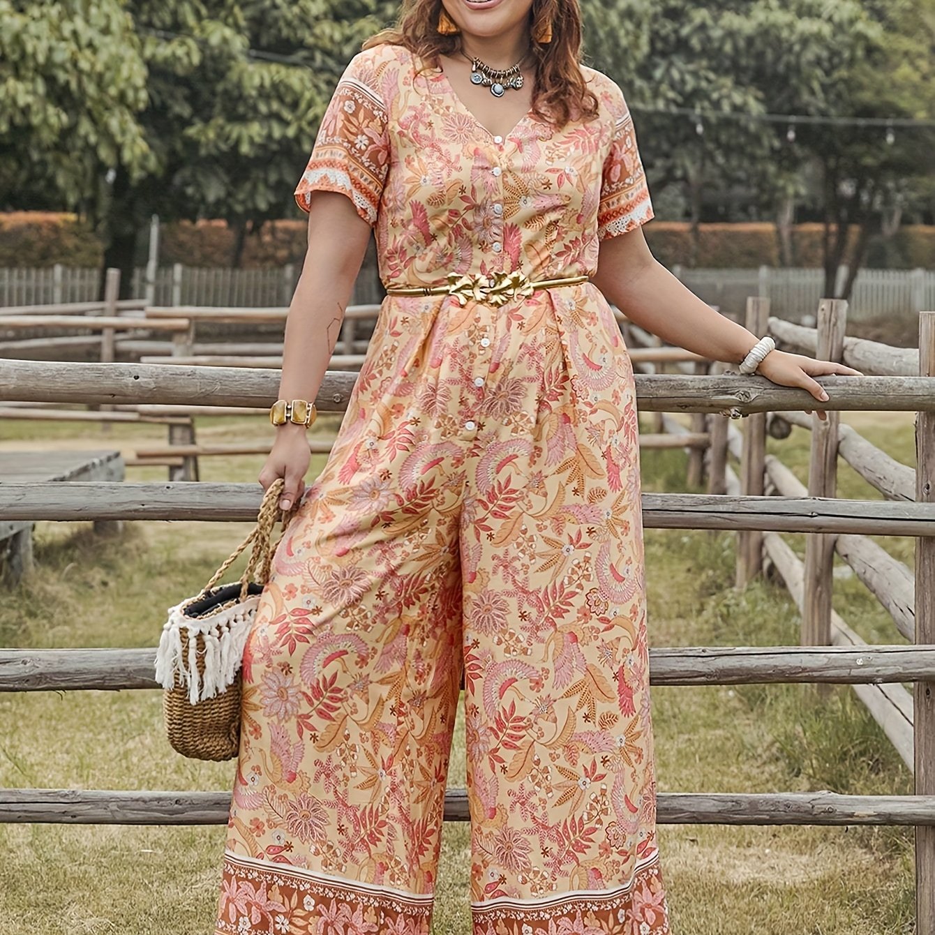 Boho Jumpsuit Floral Print Short Sleeve V-Neck Wide Leg Jumpsuit