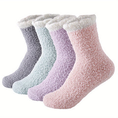 4 Pairs Fuzzy Floor Socks Comfy Warm Mid Tube Women's Stockings