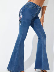 Floral Print High Rise Flared Leg Jeans