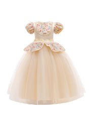 Girl's Fairy Tale Character Cosplay Costume Embroidered Puff Sleeve Mesh Dress