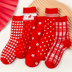 5 Pairs Floral Dot & Plaid Print Socks Christmas Women's Stockings