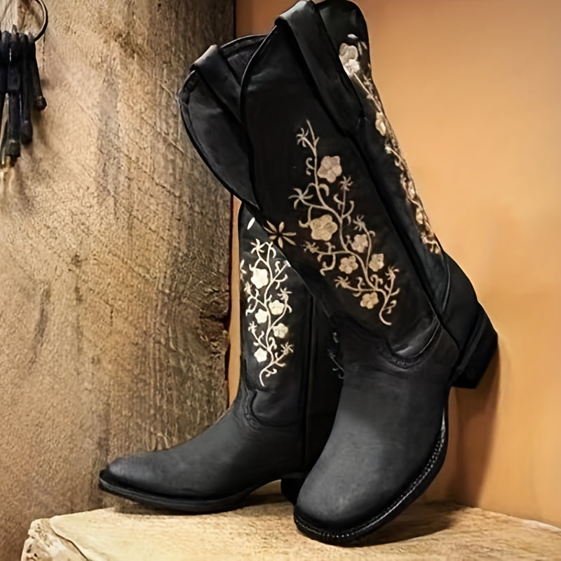 Women's Embroidered Boots Slip On Chunky Heel Shoes