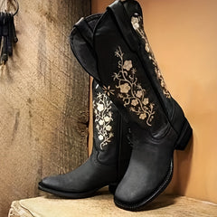 Women's Embroidered Boots Slip On Chunky Heel Shoes