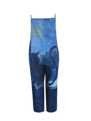 Plus Denim & Cat Print Tie Shoulder Jumpsuit
