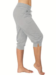 Solid Drawstring Split Cropped Pants Casual Pants For Spring & Summer