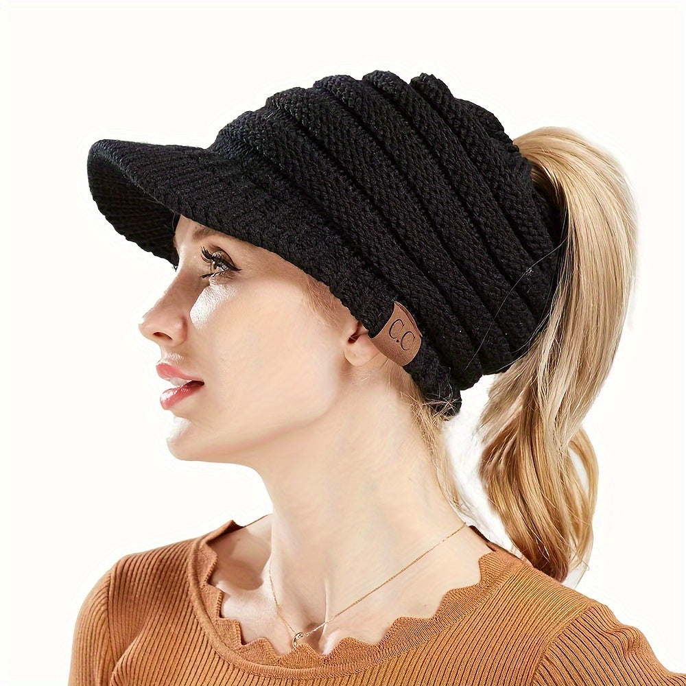 Winter Baseball Cap Ponytail Knit Hat For Women
