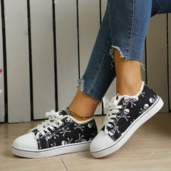 Skull Print Canvas Sneakers Lace Up Walking Shoes