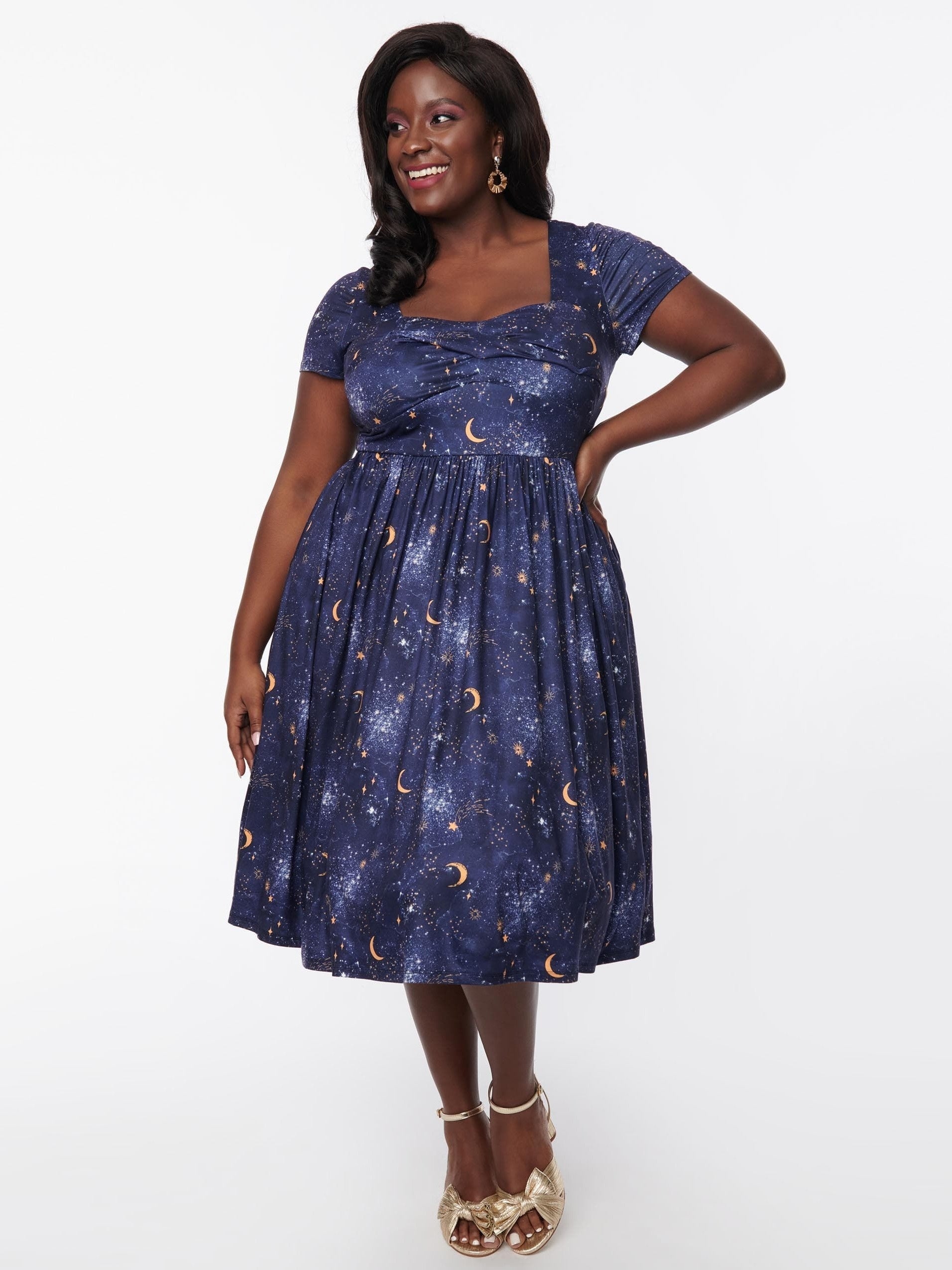 Women's Galaxy Print Cap Sleeve Stretch Pleated Dress