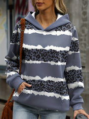 Leopard & Striped Kangaroo Pocket Hoodie Women's Sweatshirt