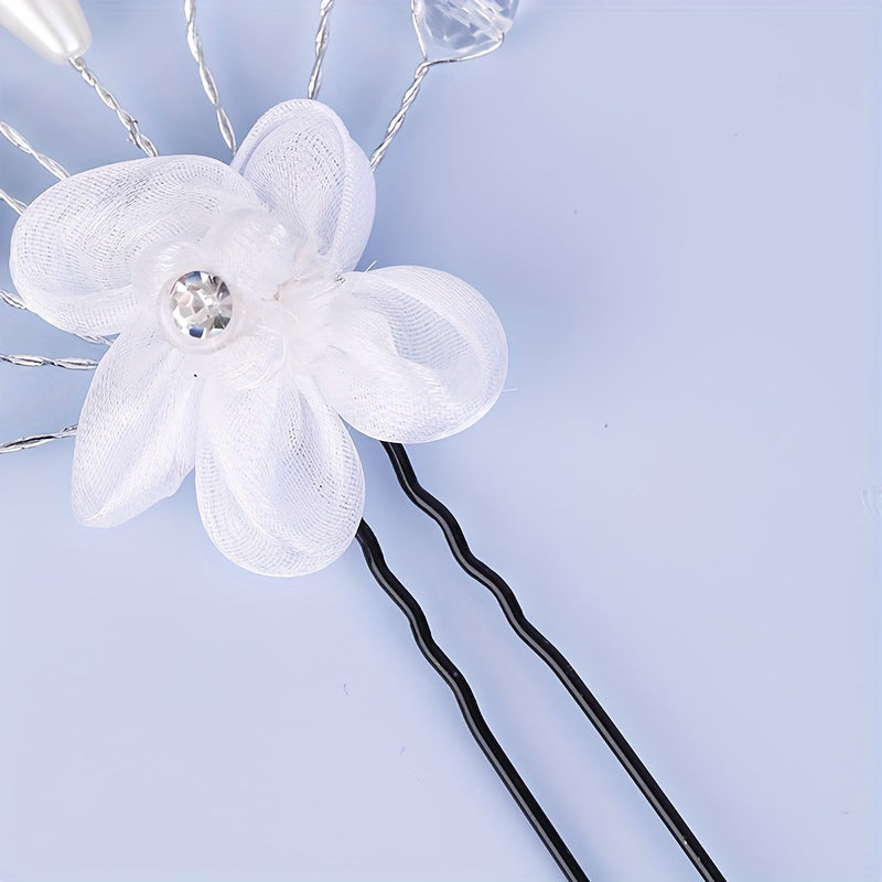 5pcs Flower Crystal Faux Pearl Hairpin Bridal U shaped Hairpin