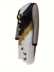 Women's Plus Golden Butterfly & Dot Print Mesh Sleeve V Neck Dress