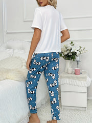 Panda Print Pajama Set Short Sleeve Crew Neck Top & Pants Women's Sleepwear