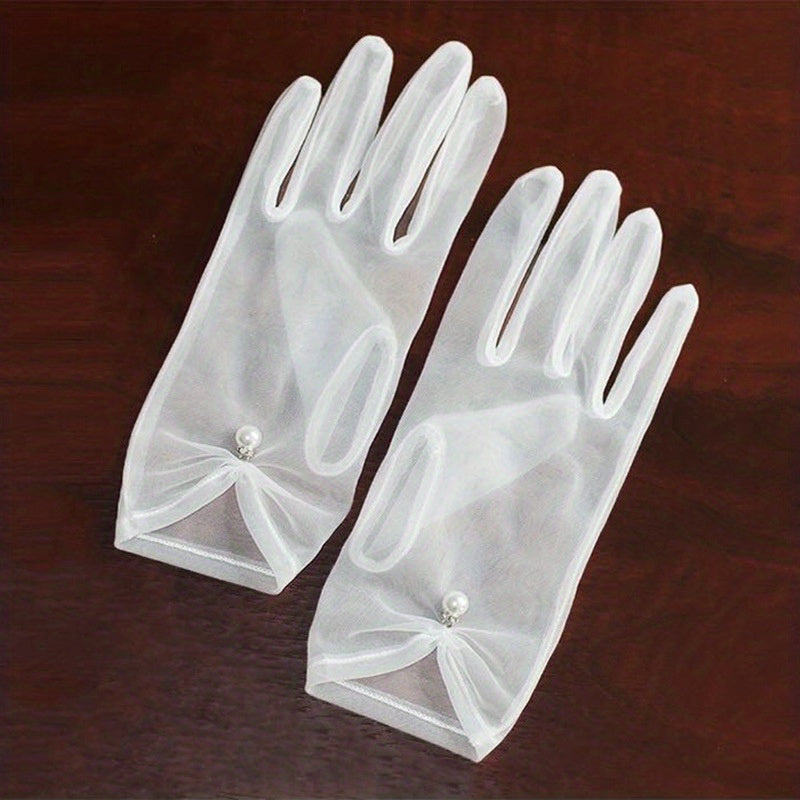 Faux Pearl Mesh Full Finger Wedding Gloves