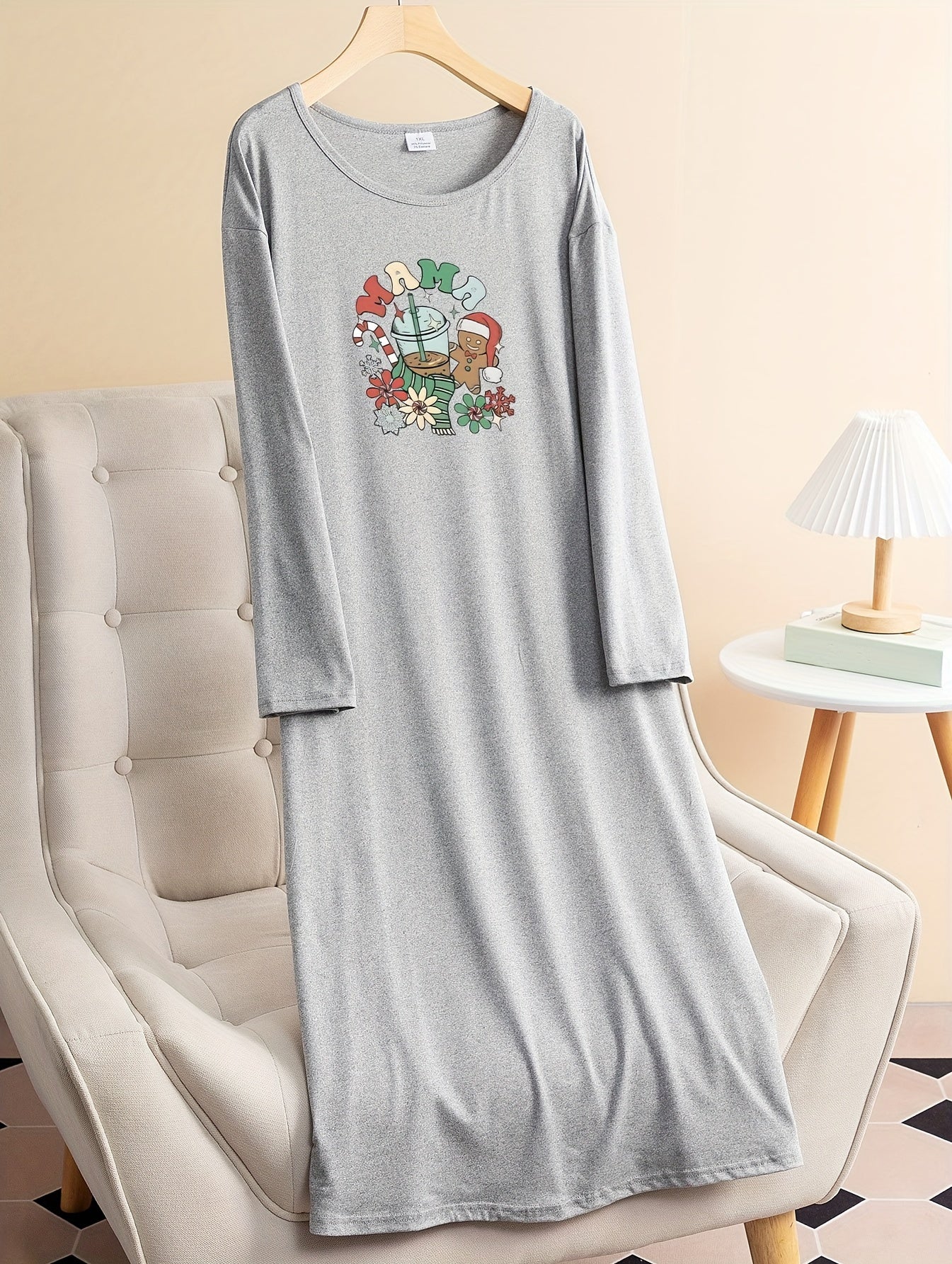 Christmas Lounge Dress Women's Plus Floral & Gingerbread Man Print