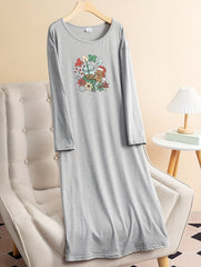 Christmas Lounge Dress Women's Plus Floral & Gingerbread Man Print