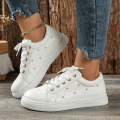 Women's Golden Beads Decor Sneakers Lace Up Outdoor Skate Shoes