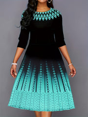 Argyle Print Block Dress Casual Crew Neck Midi Dress Women's Clothing